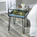 Metal Table with Glass Top and Teal Metal Planter Dish