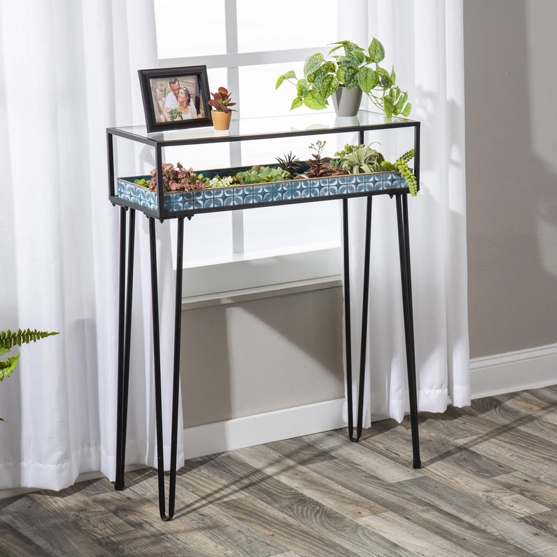 Metal Table with Glass Top and Teal Metal Planter Dish