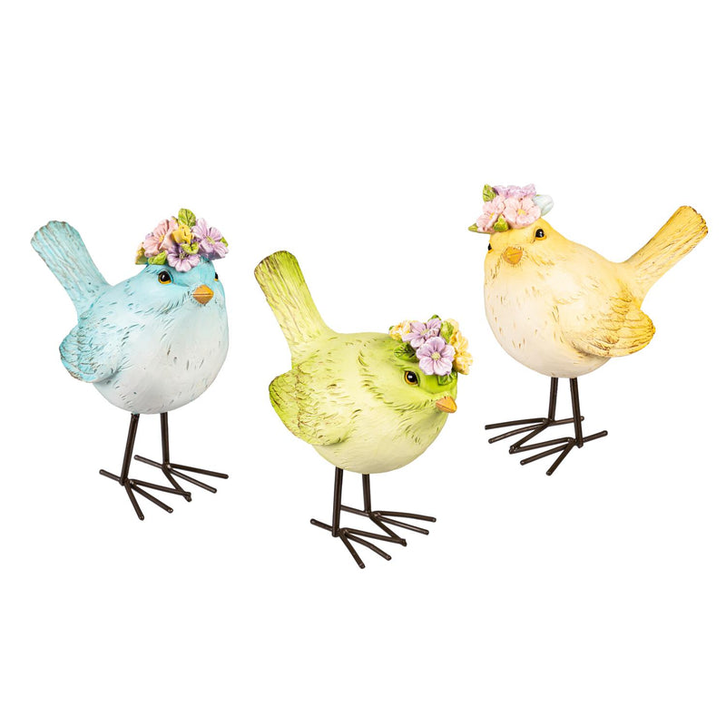 4.5" Resin Bird with Floral Bouquet Table Decor, Set of 3