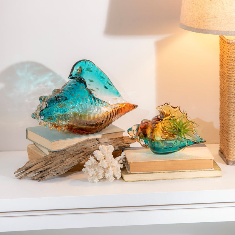 Glass Conch Shell Table Decor, Set of 2, Teal Ombre,8tag306