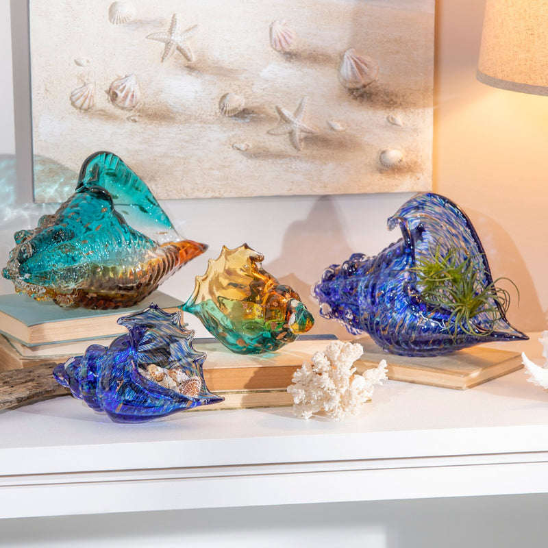 Glass Conch Shell Table Decor, Set of 2, Teal Ombre,8tag306