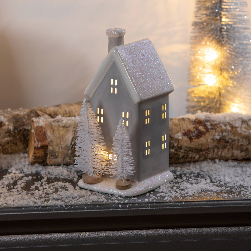8" LED Ceramic House with White Bottlebrush Trees Table Decor,8tal048