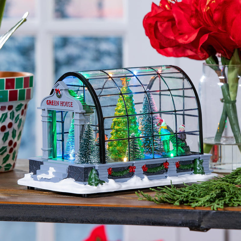 8.75" LED Christmas Greenhouse with Rotating Tree and Music Table Decor,8tal160