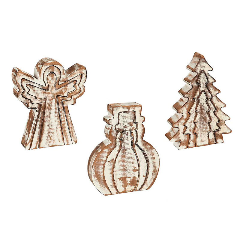 Wooden Nested Icon Tabletop Decor, Snowman/Angel/Tree, 3 Asst