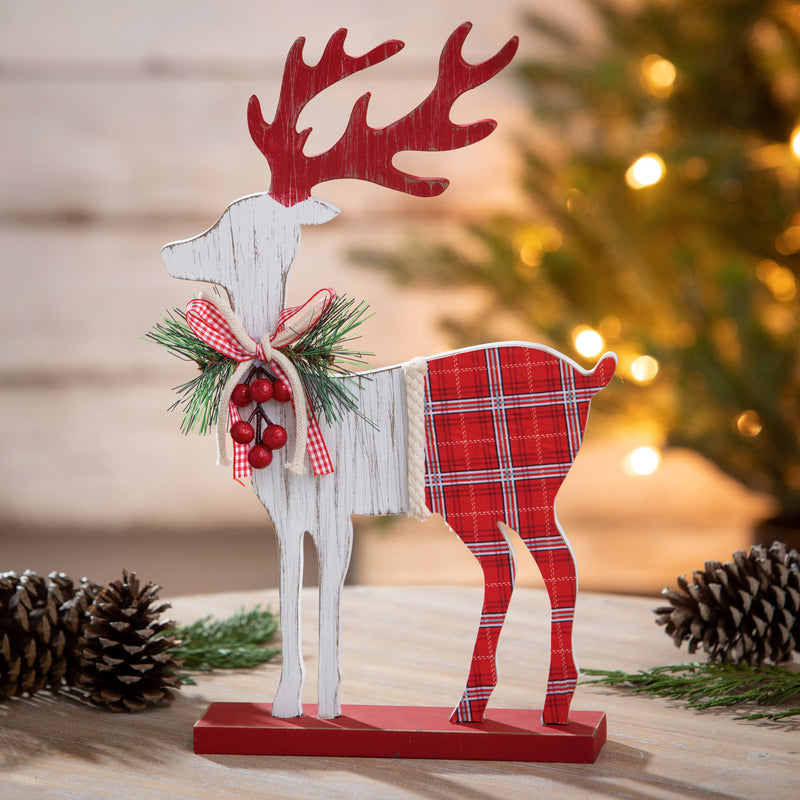 15" Wood Deer with Plaid Design and Artificial Table Decor