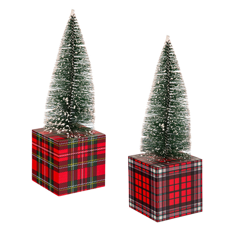 11" Bottlebrush Tree with Plaid Base Table Décor,8taw818