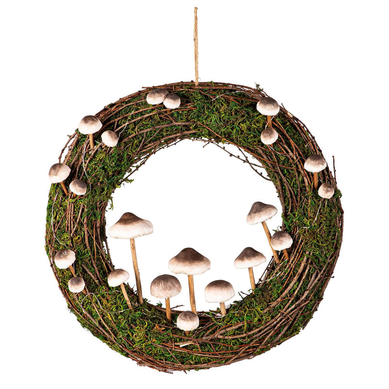 Rattan Mushroom Wreath With Lights