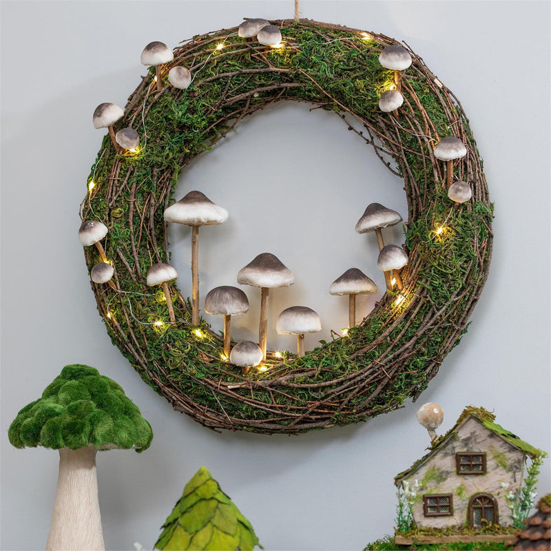 Rattan Mushroom Wreath With Lights