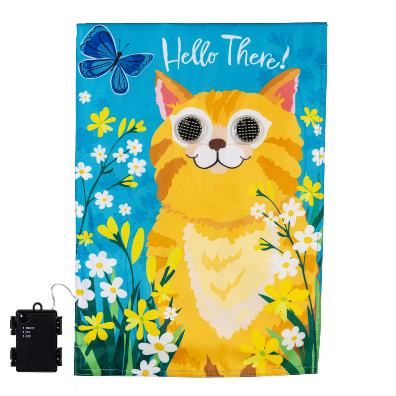 Winky Blinky Hello There Cat Applique Lighted Garden Flag