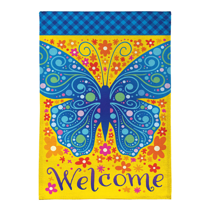 Welcome Mosaic Blue Butterfly Burlap House Flag