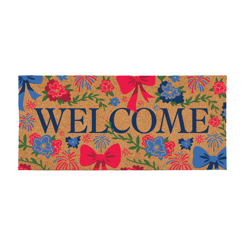 American Classic Red White & Bows Flocked Coir Sassafras Switch Mat, "Welcome", 22"x10"