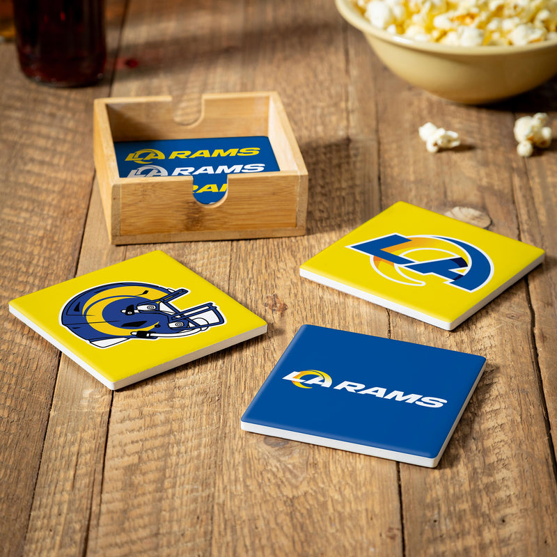 Los Angeles Rams Ceramic Coasters Set, 4pcs with Wood Caddy