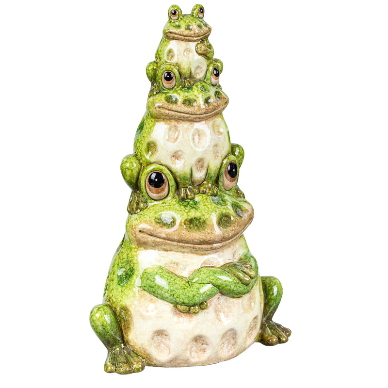 Pollinator Garden Statue, Ceramic Stacked Frog Statue, 10.5"H