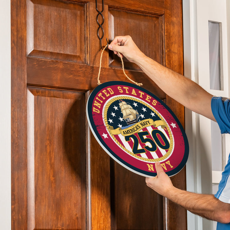 US Navy, 250th Anniversary Round Door Decor with Hanging Rope, 18x18