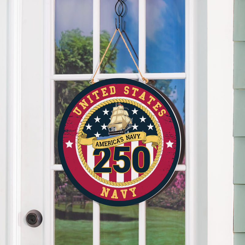 US Navy, 250th Anniversary Round Door Decor with Hanging Rope, 18x18