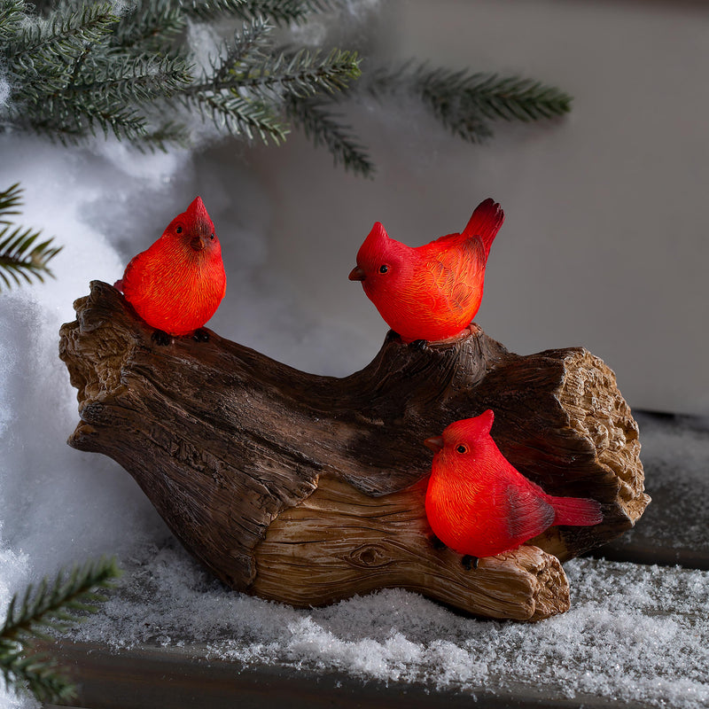 Memorial Garden Statue, Solar Cardinal Family On Wooden Log, 5"H