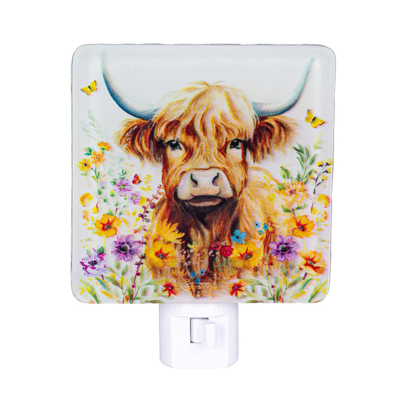 Petal & Plow Nightlight Glass Square Floral Highland Cow, 5.25"H