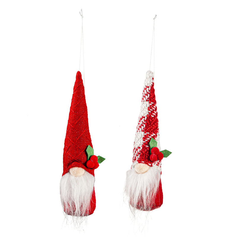 Fabric Holiday Gnome Ornament, 2 Asst, 6 of each, 12 Piece Total in Wooden Tray
