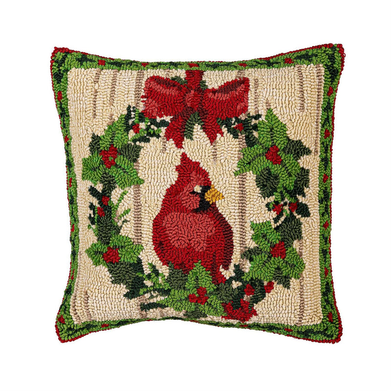 Indoor/Outdoor Hooked Pillow, Polypropylene, Cardinal Joy, 18"x18"