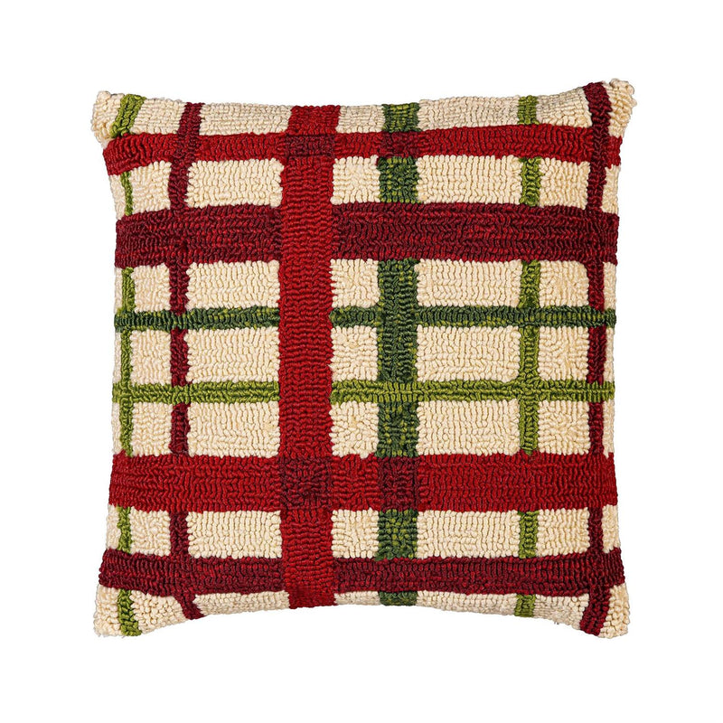 Indoor/Outdoor Hooked Pillow, Polypropylene, Christmas Plaid, 18"x18"