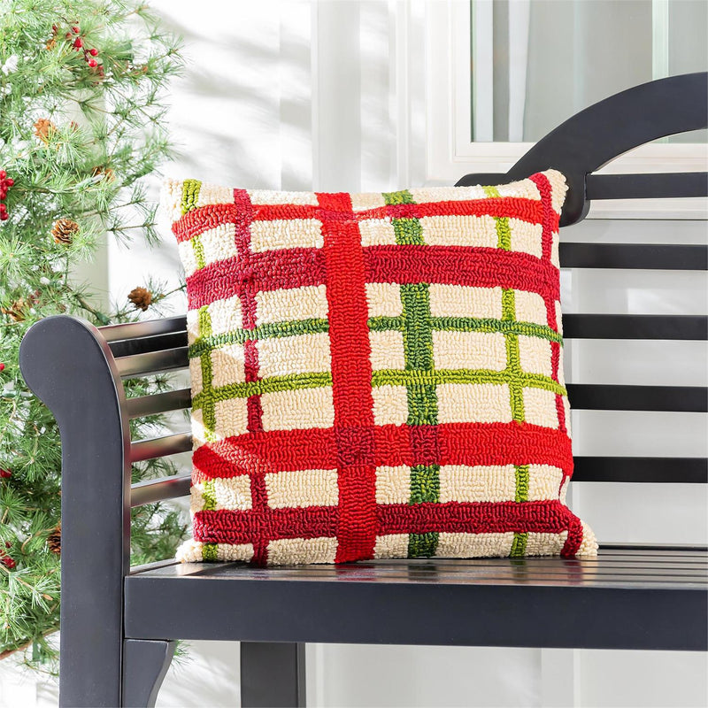 Indoor/Outdoor Hooked Pillow, Polypropylene, Christmas Plaid, 18"x18"