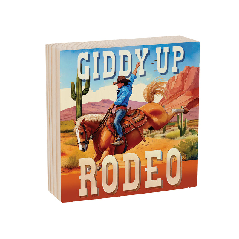Southwest Rodeo Wood Sign Plock, Cowboy Giddy Up, 6"x6"