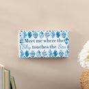 Blue Coastal Coral Sea Wood Hanging Sign w/ Rope, "Meet Me Where The Sky Touches The Sea", 11"x6"