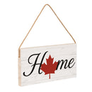 Canada Strong Maple Leaf Wood Hanging Sign w/ Rope, "Home", 11"x6"