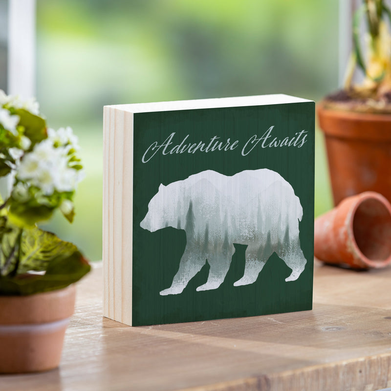 High Country Painting Wood Sign Plock, Bear "Adventure Awaits", 6"x6"