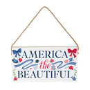 American Classic Red White & Bows Wood Hanging Sign w/ Rope, "America The Beautiful", 11"x6"