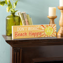 Blue Coastal Make Waves Wood Mantle Sign, Sun "Don't Worry Beach Happy", 18"x5"