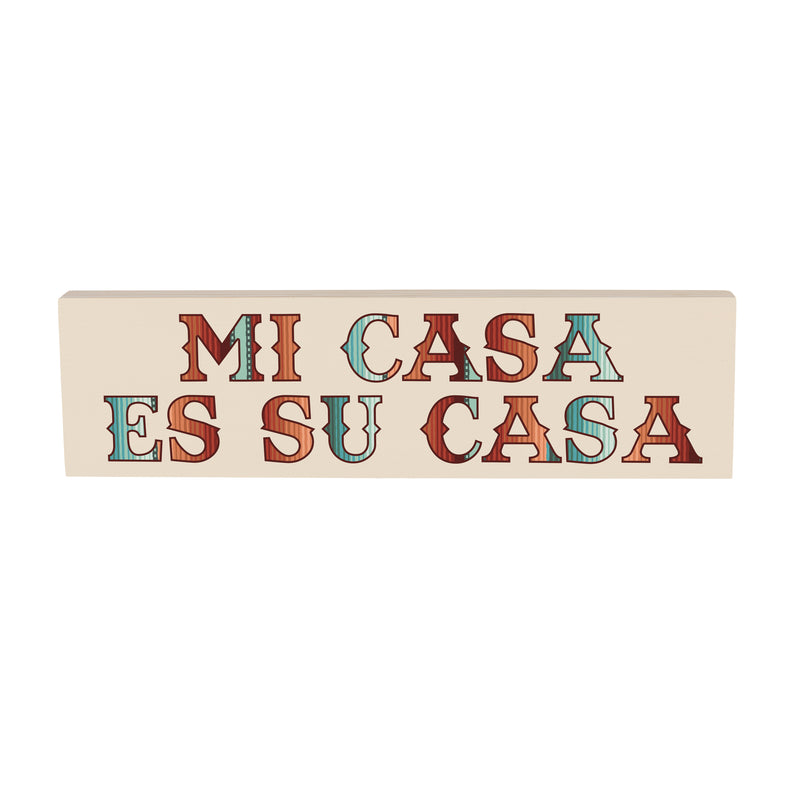 Southwest Pueblo Wood Mantle Sign, Serape Stripe "Mi Casa Es Su Casa", 18"x5"
