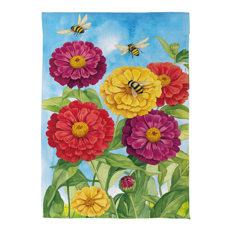 Multicolor Zinnias & Bees Suede Garden Flag