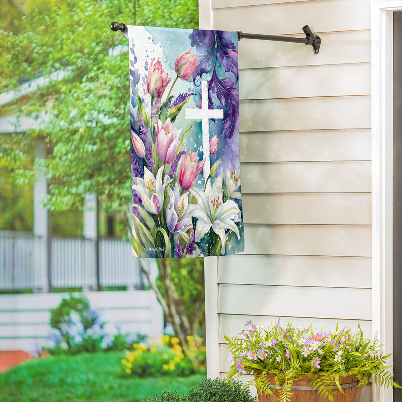 Tulip & Easter Lily Cross Suede House Flag