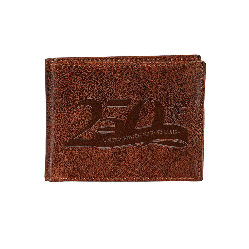 US Marine Corps, 250th Anniversary, Embossed 100% Genuine Leather Passcase Bi-Fold Wallet, Brown