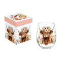 Petal & Plow Wine Glass Stemless, Farm Highland Cow, 17oz, Gift Box
