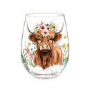 Petal & Plow Wine Glass Stemless, Farm Highland Cow, 17oz, Gift Box