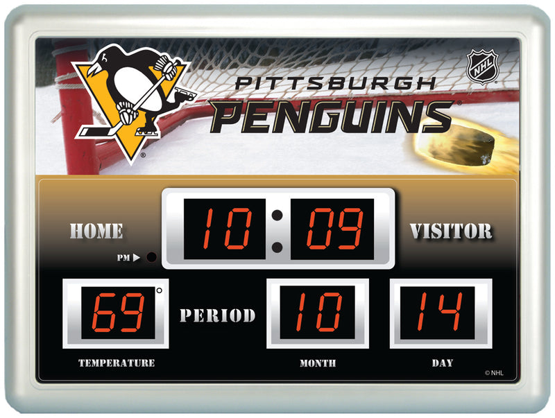 Evergreen ScoreBoard/Clock/Therm (NG)- Pittsburgh Penguins, 15.5'' x 3'' x 20'' inches