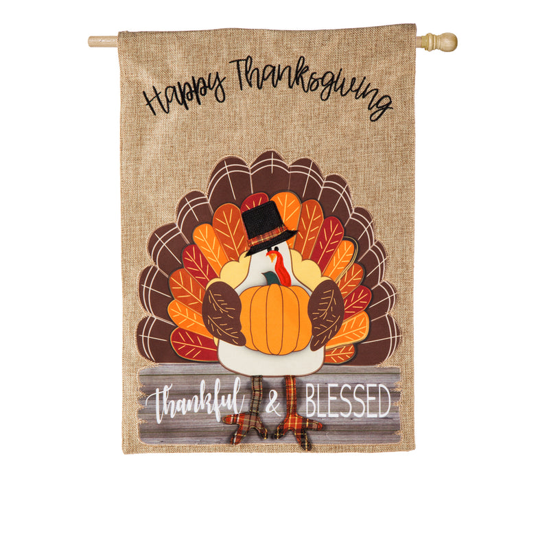 Evergreen Flag,Thankful and Blessed Turkey House Burlap Flag,28x0.5x44 Inches
