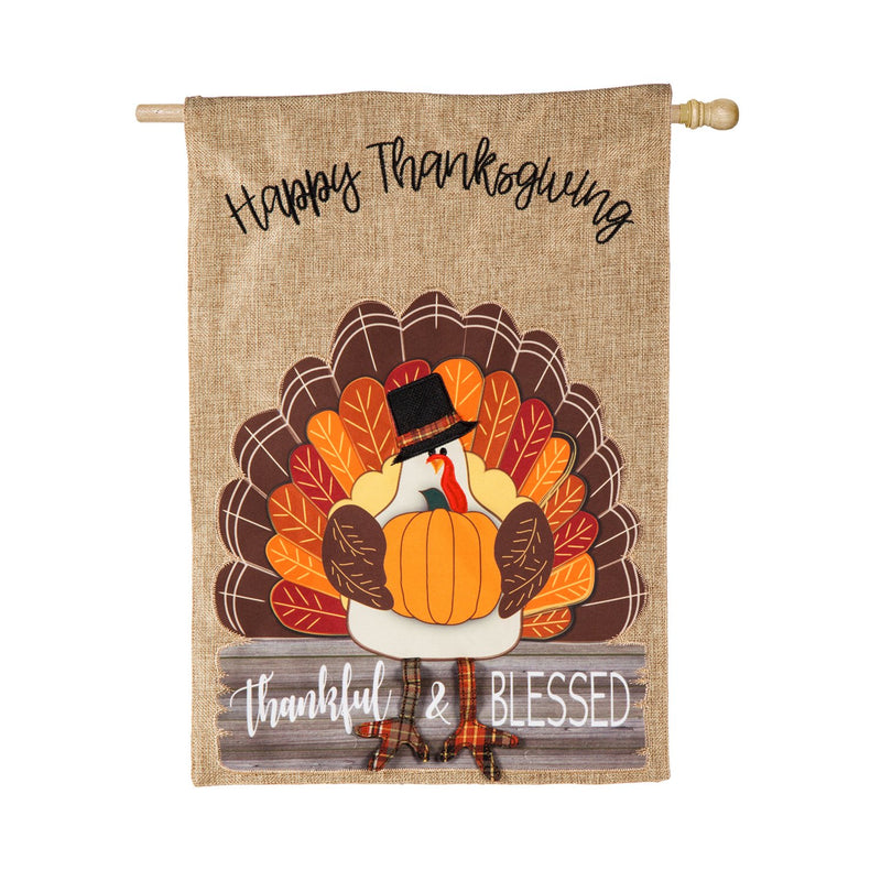 Evergreen Flag,Thankful and Blessed Turkey House Burlap Flag,28x0.5x44 Inches