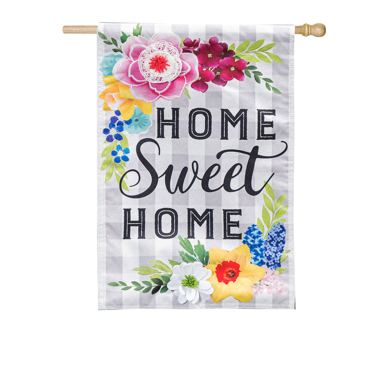 Evergreen Flag,Home Sweet Home Plaid Floral House Linen Flag,28x0.5x44 Inches