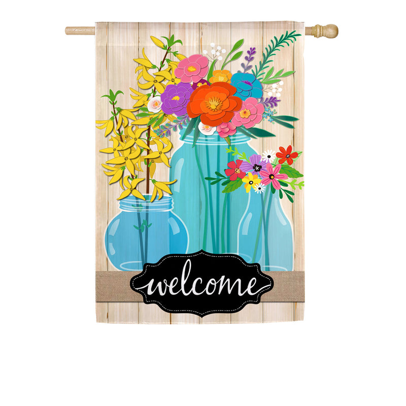 Evergreen Flag,Blue Glass Floral Welcome House Linen Flag,28x0.5x44 Inches