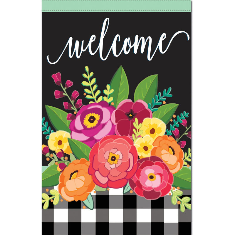 Evergreen Flag,Floral Welcome Check House Linen Flag,28x44x0.5 Inches