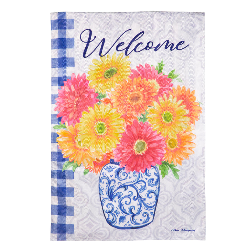 Evergreen Flag,Welcome Gerberas in Vase Moire House Flag,0.25x28x44 Inches