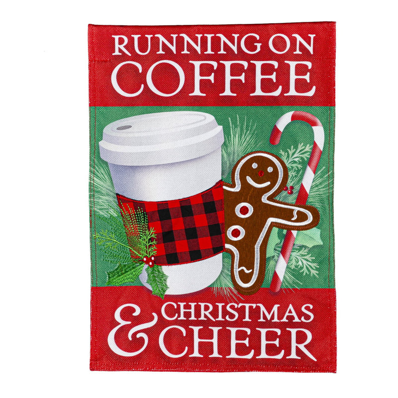 Evergreen Flag,Running on Coffee and Cheer Garden Burlap Flag,18x12.5x0.2 Inches