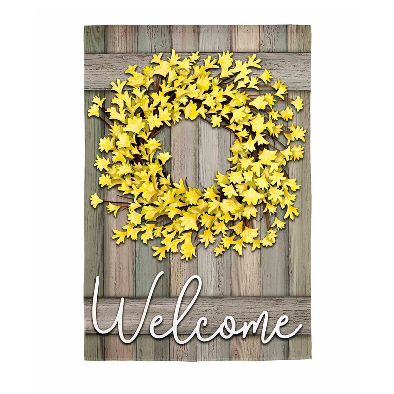 Evergreen Flag,Forsythia Farmhouse Wreath Garden Burlap Flag,0.2x12.5x18 Inches