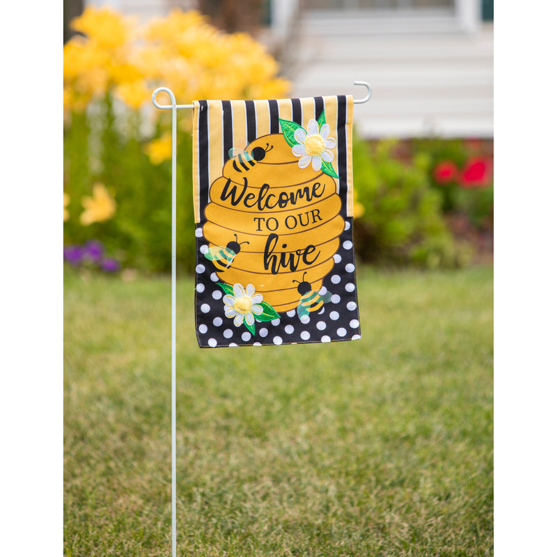 Evergreen Flag,Welcome to our Hive Stripes and Dots Garden Burlap Flag,12.5x0.2x18 Inches