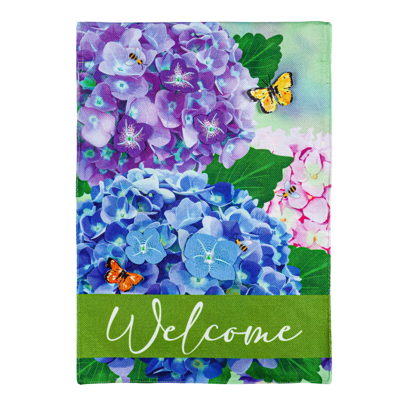 Evergreen Flag,Hydrangea and Butterfly Welcome Garden Burlap Flag,0.2x12.5x18 Inches