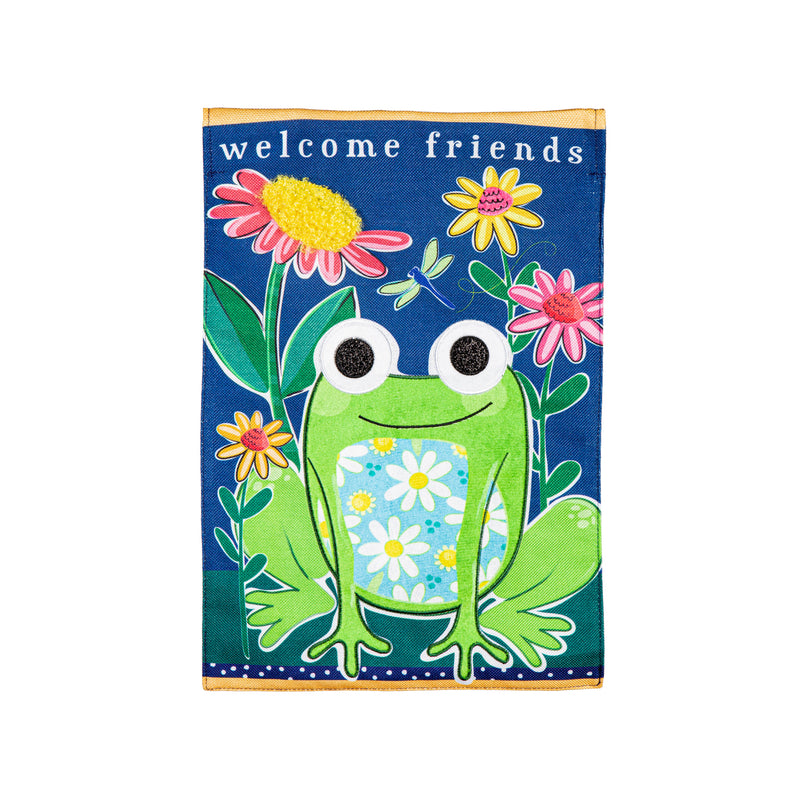 Evergreen Flag,Welcome Friends Frog  Burlap Garden Flag,12.5x0.2x18 Inches