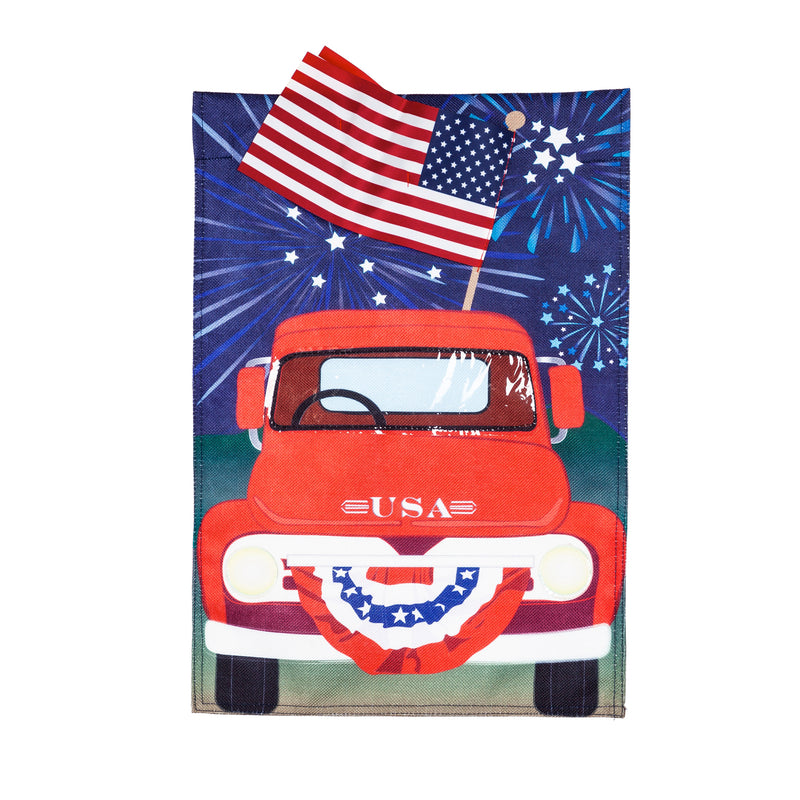 Evergreen Flag,Patriotic Red Truck Garden Burlap Flag,18x12.5x0.2 Inches